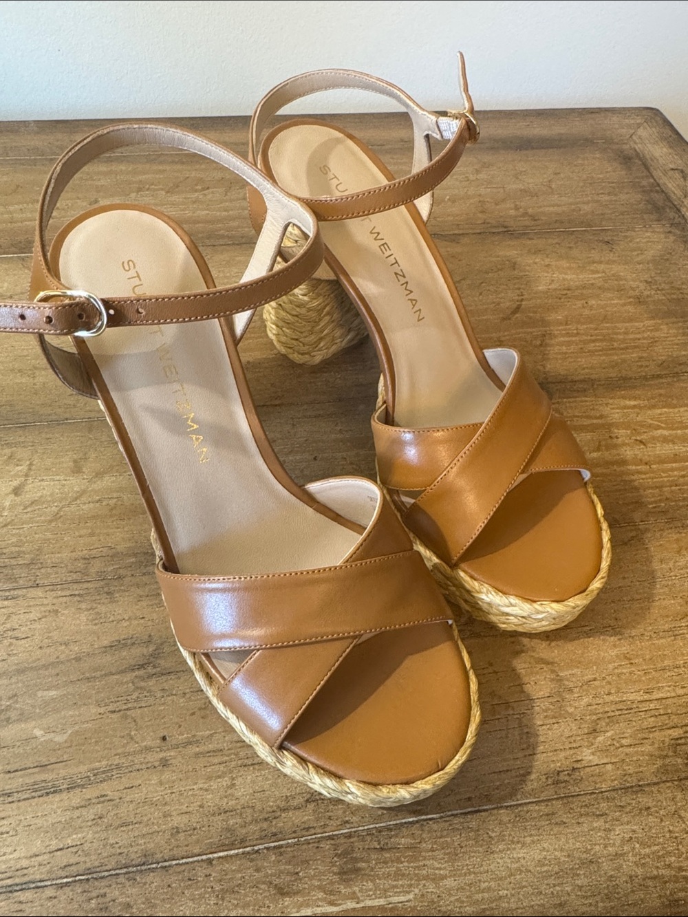 Stuart Weitzman Cognac Leather Espadrille Wedge Sandals